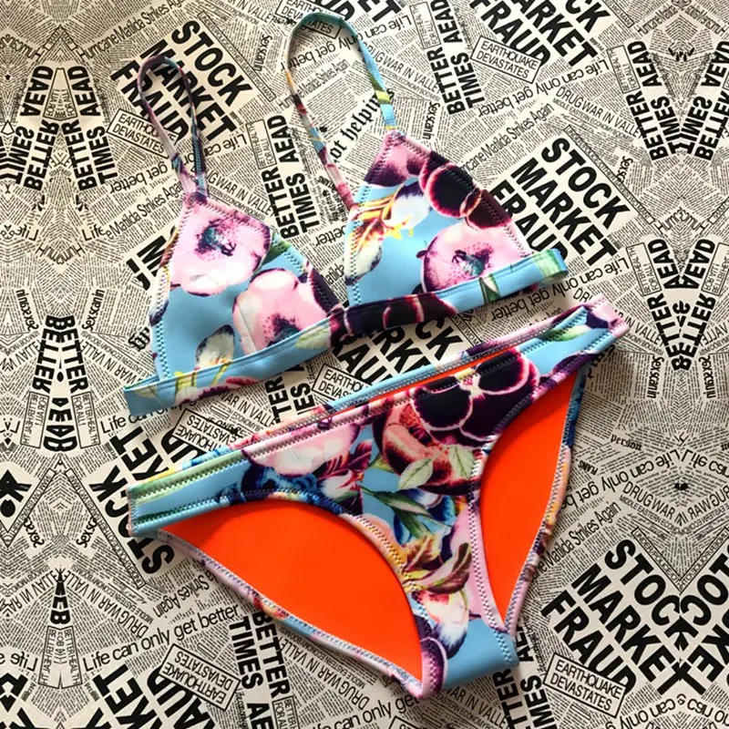 2017 diving sexy bikini two pieces swimwear underwater sports swimsuit floral bathing suit retro biquini FOX1001 |