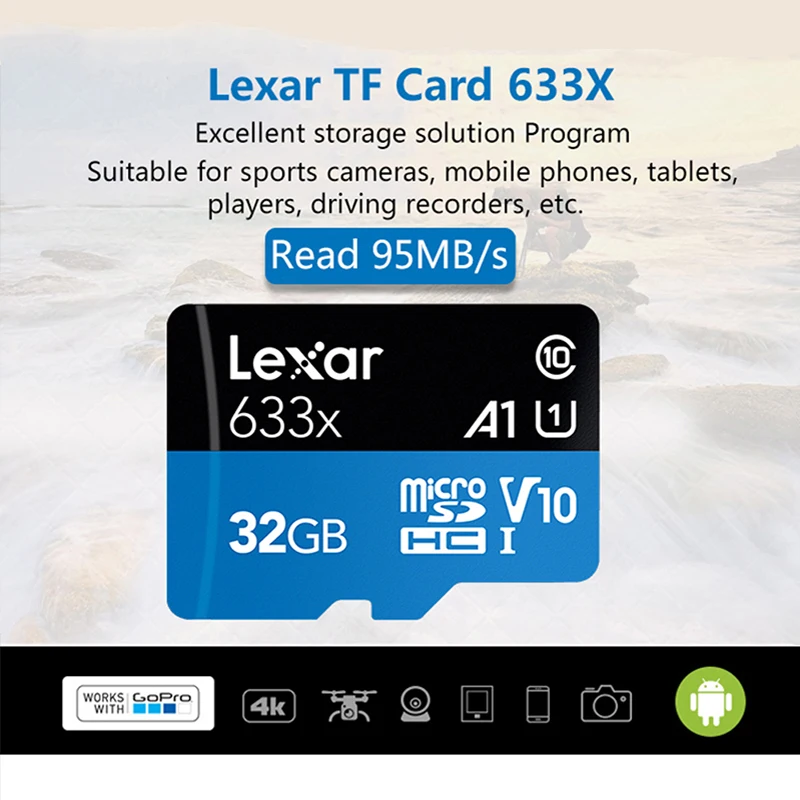 Lexar высокоскоростная Micro SD карта 32 Гб 64 128 ГБ 256 512 флэш память 95 м/с класс 10 633X tarjeta de