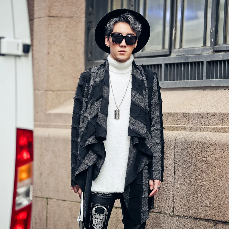 

Men Stylish Asymmetric Hem Loose Wind Coats Jacket Punk Striped Capes Hot