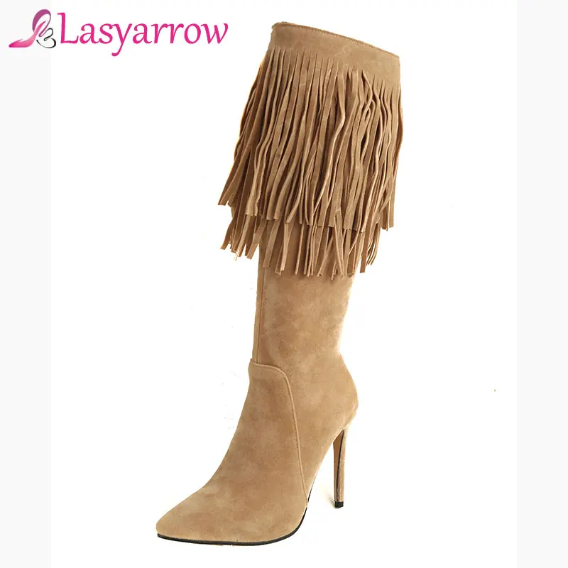 

Lasyarrow Tassel Boots High Heels Stilettos Boots Thin Heel Bohemia Style Tassel Knight Boots Pointed Toe Knee High Tassel Boots