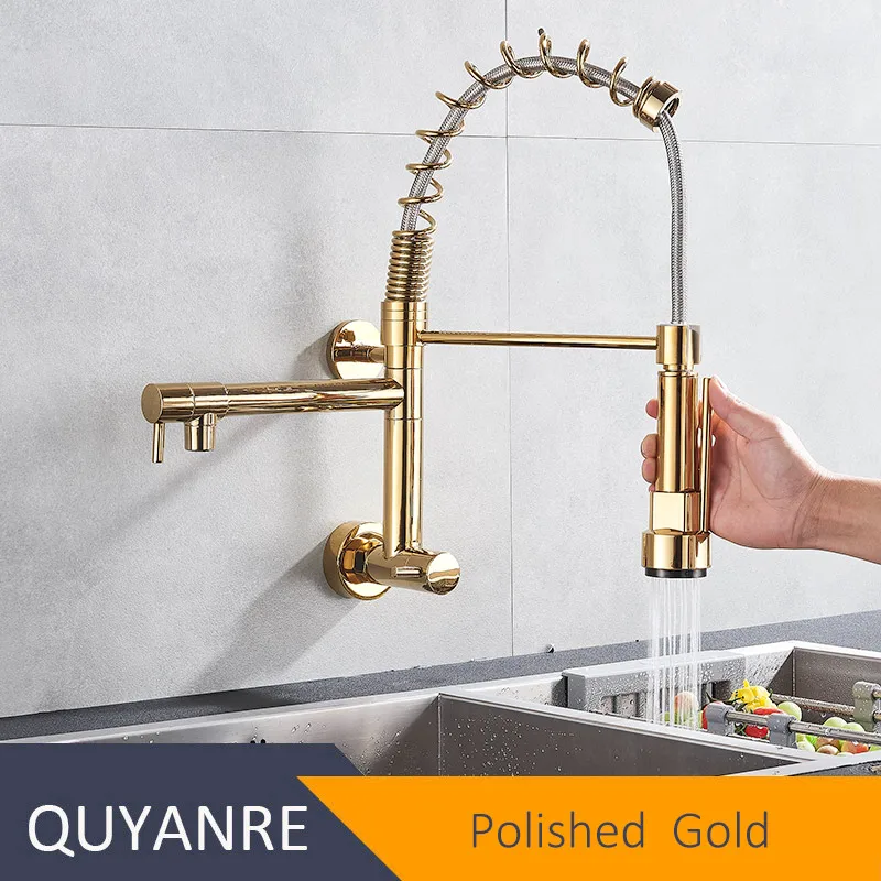 Polished Gold Черный настенный кухонный пружинный кран с двумя носиками, вращение на 360, одиночный холодный кухонный смеситель, кран для кухни - Цвет: Polished Gold
