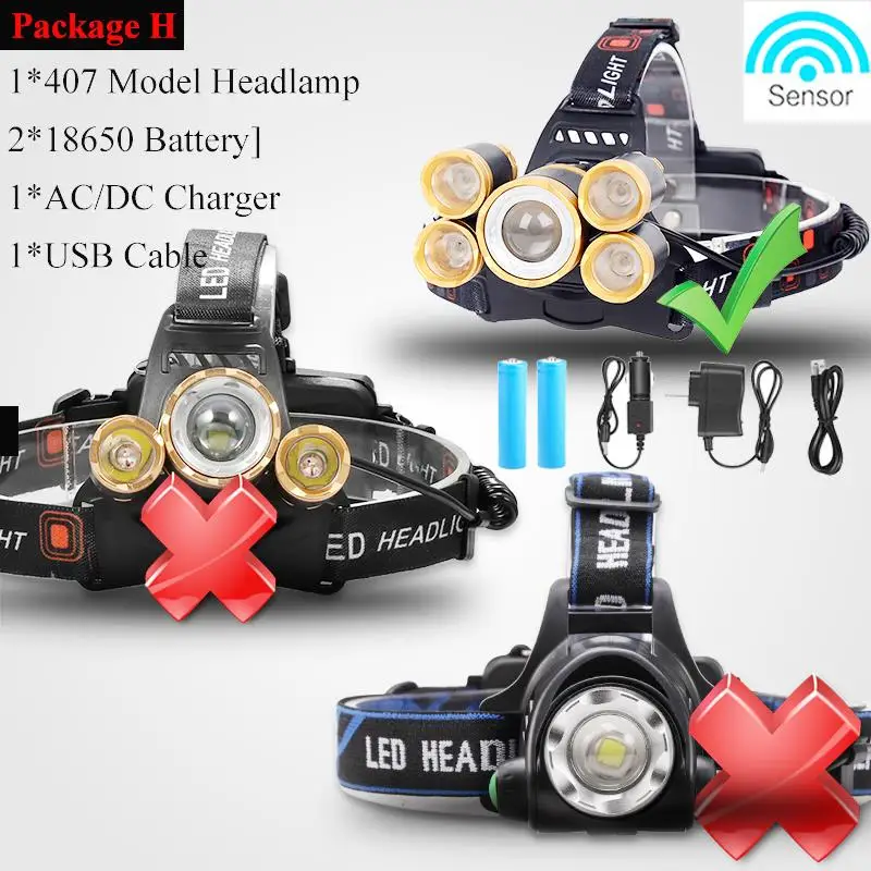 Package H Новейший сенсорный светодиодный налобный фонарь 5* T6, высокомощный фонарь, налобный фонарь, Водонепроницаемый светодиодный налобный светильник, светильник-вспышка, налобный светильник, Перезаряжаемый 18650 - Испускаемый цвет: Package H