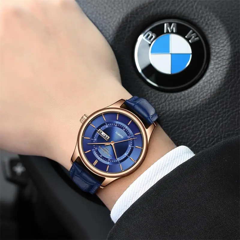 2018 Мужские кварцевые часы модные розовое золото Дата Неделя Функция натуральная