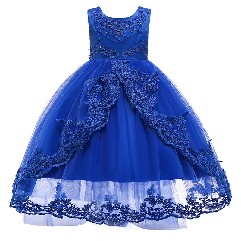 Dark Blue Платья высокого качества для девочек нарядная одежда принцессы для девочек на день рождения Свадебное платье из тюля с кружевом и цветами бальное платье для детей от 3 до 14 лет, BW300 - Цвет: Dark Blue