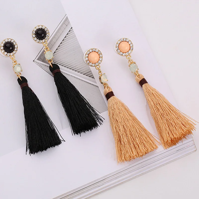 Длинные серьги с кисточками для Женский винтажный богемский черный каплями