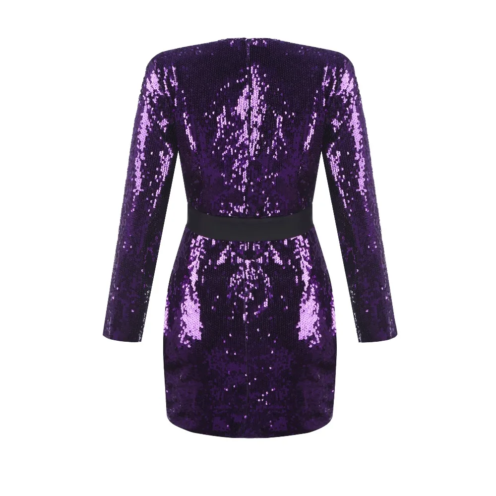 Elegant Women V Neck Sexy Sequin Dress Fashion Sashes Purple Solid Mini Clubwear Party Night Out Vestidos Autumn Festa
