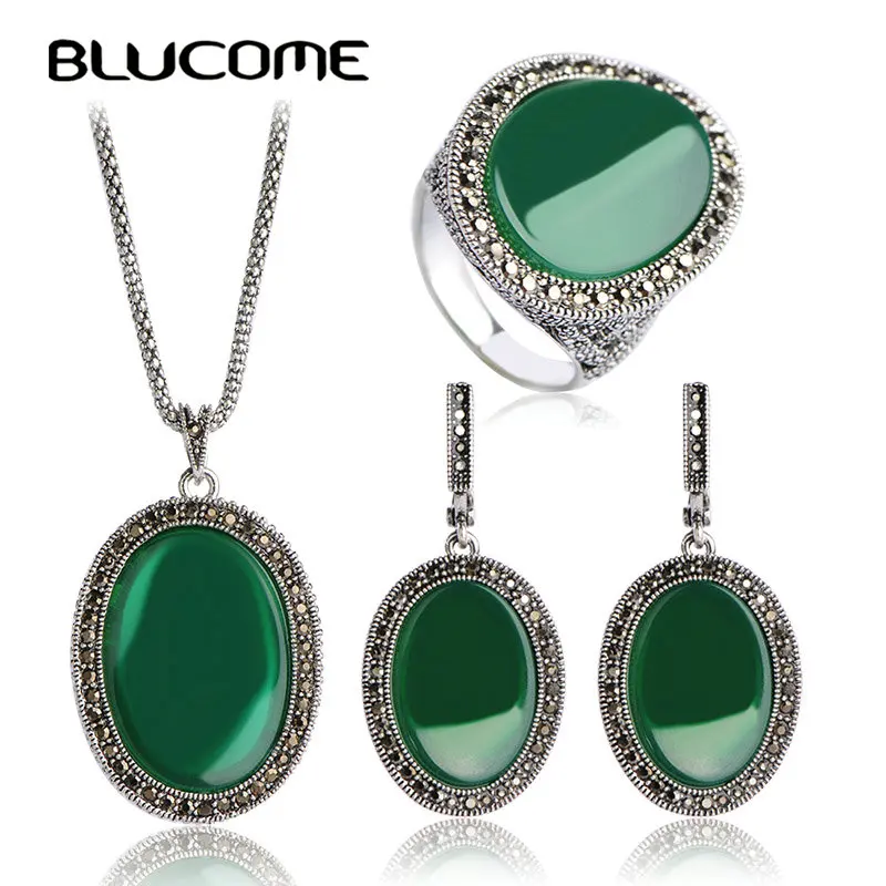 

Blucome Turkish Jewelry Sets For Women's Dress Vintage Princess Hooks Red Necklace Earrings Ring Set Retro Colar Pendientes Anel