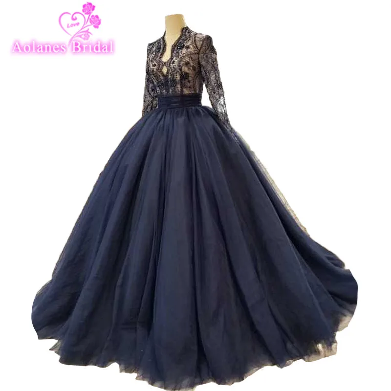 Kopen 2018 Champagne Blauw Rood Wit Tulle V-hals Prom Dress Hof Trein Baljurk Moeder Jurk Vloer-lengte Illusion Avond Jurken