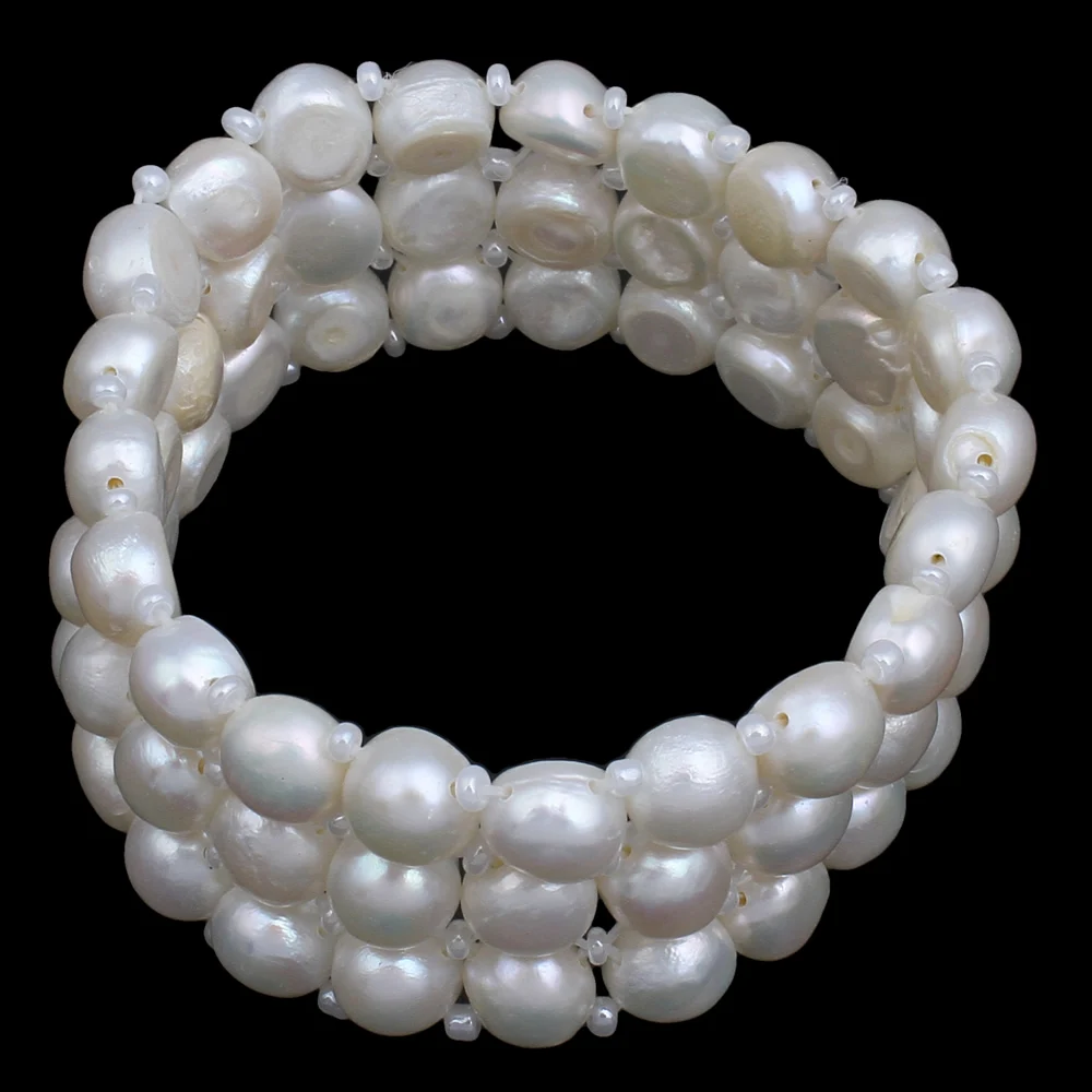 

YYW Womens Wedding Bridal 100% Real Freshwater Pearl Bracelet 3 Rows Elastic Pearl Beads Natural White Pearl Bracelet Bangles