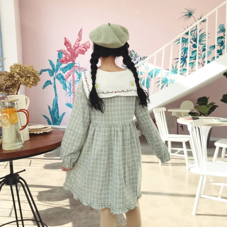 Kawaii платье лолиты весеннее женское японское милое студенческое платье с бантом и вышивкой в клетку летнее маленькое свежее платье