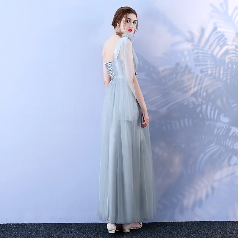 Серое платье подружки невесты Корейская версия длинное стильное Сетчатое на