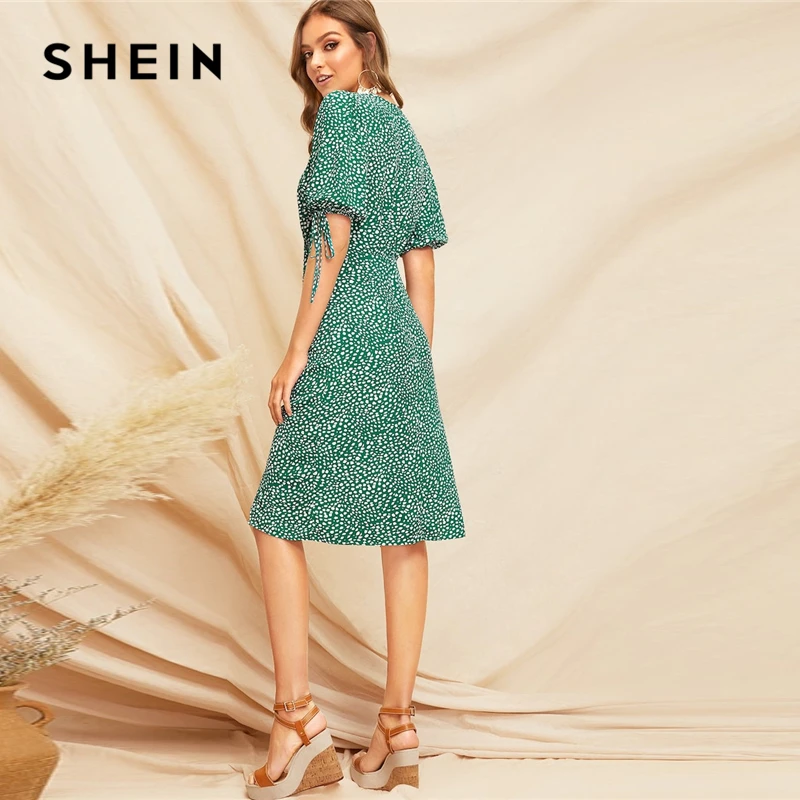 SHEIN Платье С Разрезом И Узлом Женское Летнее Зеленое Повседневное Миди-Платье С Коротким Рукавом