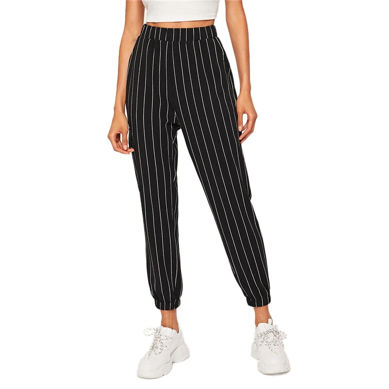 SHEIN Короткие Брюки В Полоску C Боковыми Карманами Женские Весенние Повседневные Брюки С Эластичным Поясом