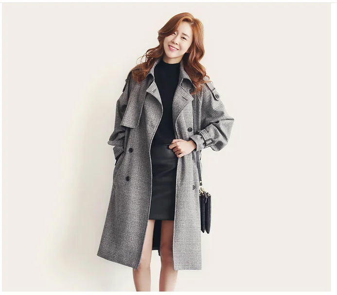 Женский Тренч с двумя пуговицами длинная клетчатая ветровка верхняя одежда для