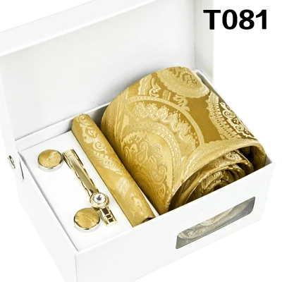 T081 Four Piece Set Галстуки, набор из четырех предметов, Цветочный Пейсли, твердый золотой, желтый, шампань, мужские галстуки, карманный квадратный зажим для галстука, запонки, новинка, шелк - Цвет: T081 Four Piece Set