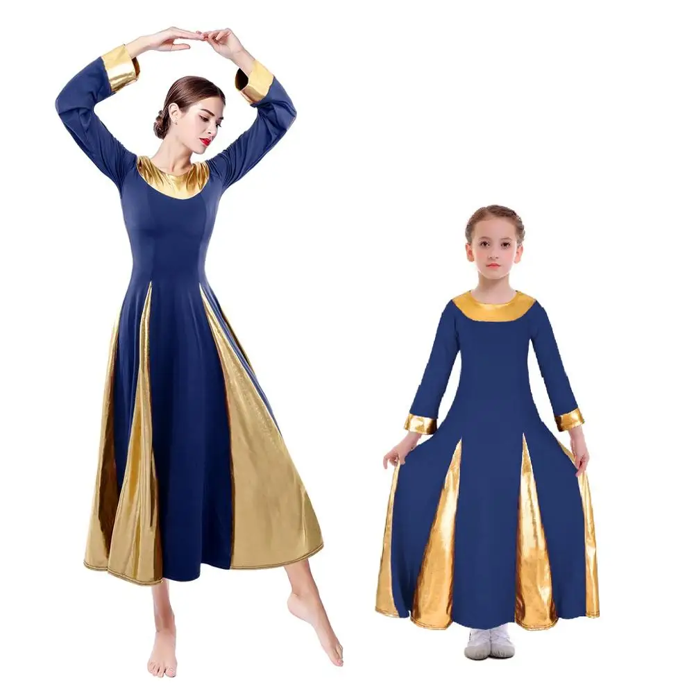 Navy with Gold Элегантный церковь платья для Для женщин взрослых и Девочка Семейные комплекты похвалы плиссированное платье балетное платье литургические платье для танцев - Цвет: Navy with Gold