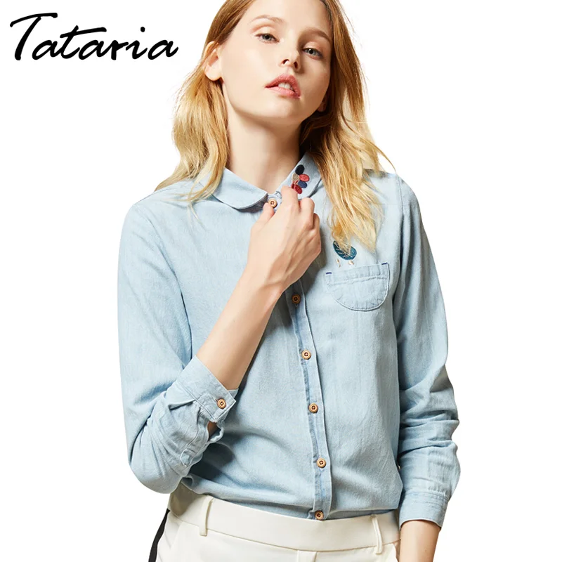 Женская джинсовая рубашка с длинным рукавом вышивкой|denim shirt women|women shirtsshirt women |