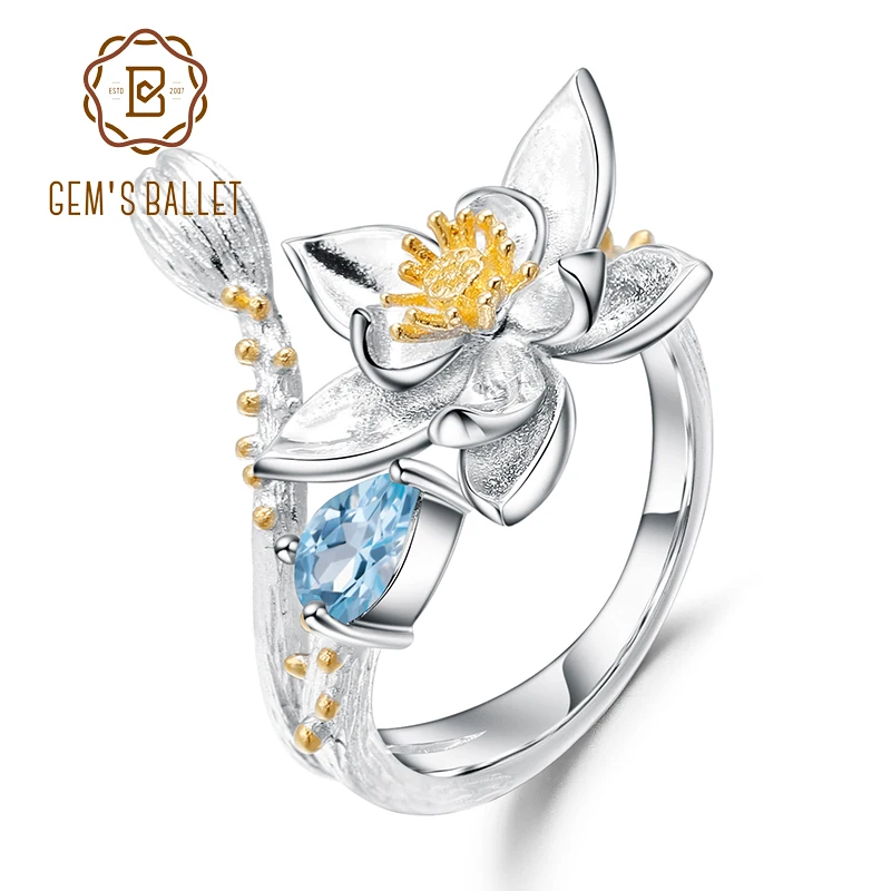 

GEM'S BALLET Natural Swiss Blue Topaz Gemstone Ring Jewelry 925 Sterling Silver Handmade Flowers Adjustable Open Rings for Women