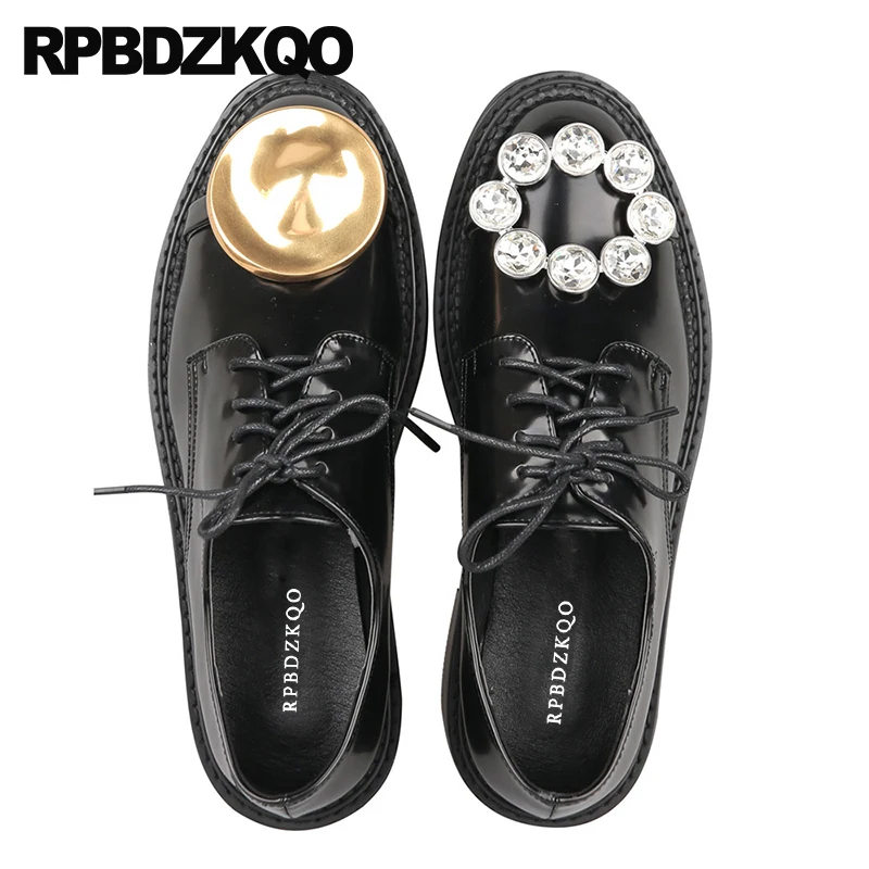 

Embellished Women Rhinestone Crystal Japanese Patent Leather Flats Metal Diamond Oxfords Lace Up Ladies Beautiful Shoes Black