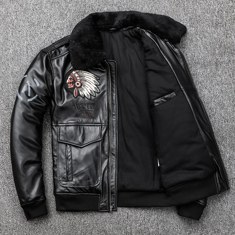Бесплатная доставка 2019 мужской черный пилотный кожаный жакет шерстяной воротник