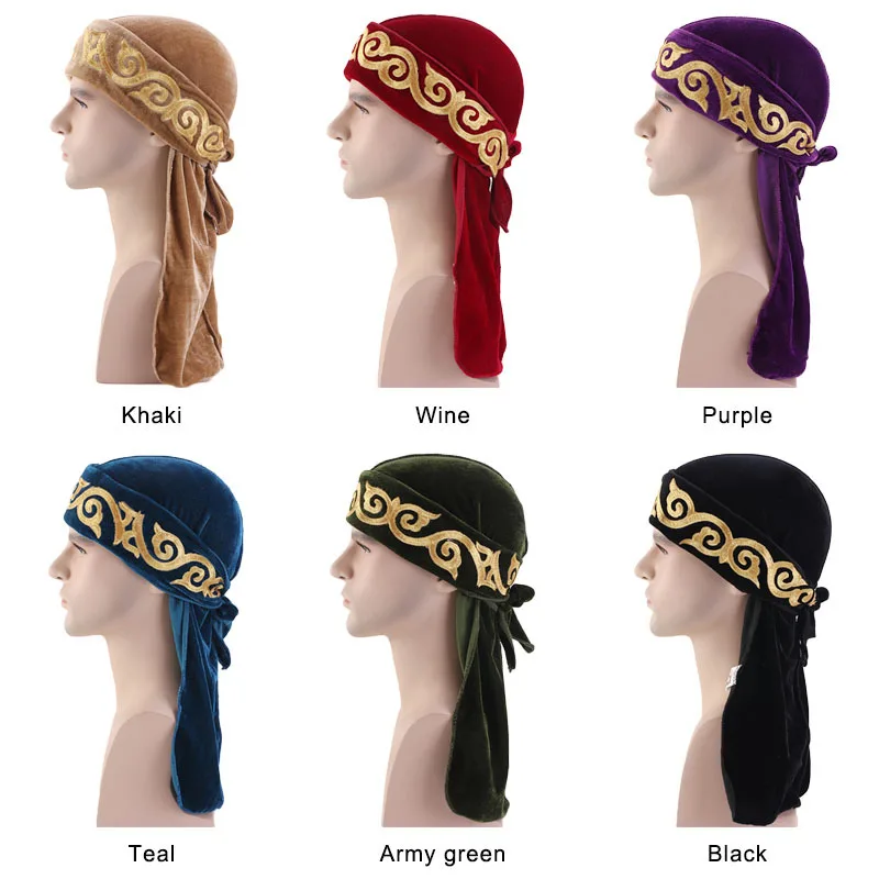 Helisopus Новый цветочный узор Durag тюрбан бархат длинный хвост головной убор мужские