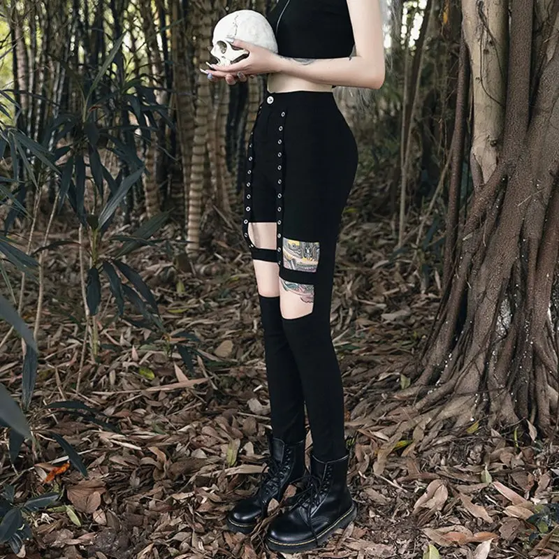 Женские обтягивающие брюки карандаш Goth повседневные Черные Облегающие в стиле