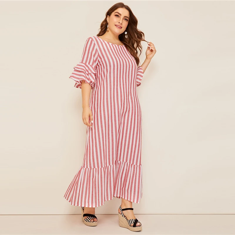 SHEIN, платье макси в полоску с рукавами-колокольчиками размера плюс, коллекция, женское Повседневное платье-туника с оборками на весну и лето