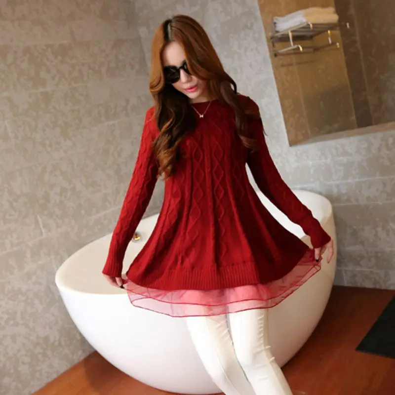 Korean Style Women's A-line Long Thin O-neck Gauze Bottoming Sweaters Loose Turtleneck Lace Hem Jacket | Женская одежда