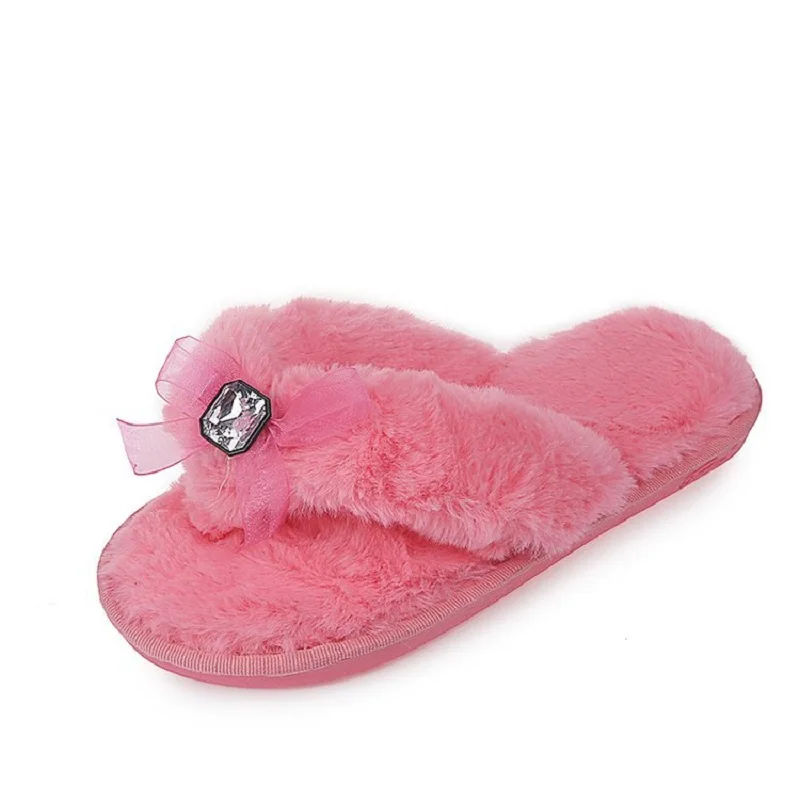 Soft Sole Women Fur Slippers Fluffy Flip Flop Plush Cute Lady House Slipper With Crystal Lace Flat Shoes Slide T1808010D | Обувь