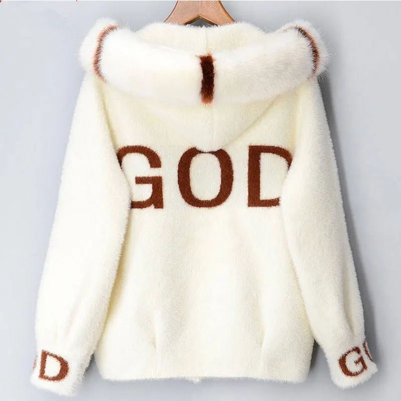 white With fur Осенне-зимний норковый кашемировый кардиган, пальто с капюшоном, свитер для женщин, модный принт, повседневные норковые свитера, Толстая теплая верхняя одежда для женщин - Цвет: white With fur