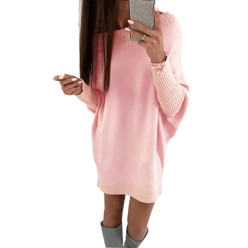 Свободный пуловер с рукавами летучая мышь и круглым вырезом однотонное длинное