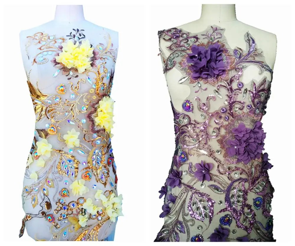 Фиолетовая/желтая 3D Трехмерная Цветочная вышивка Кружевная аппликация большие