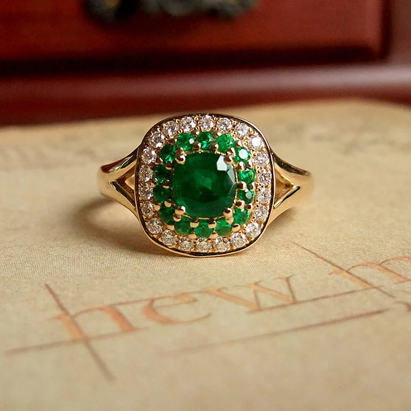 Кольцо из 18-каратного желтого золота 1 1ct кольцо моисанита и зеленого изумруда
