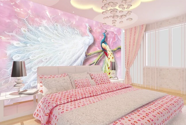 

Custom 3D wallpaper, pink couple peacock mural for the living room bedroom TV background wall waterproof papel de parede
