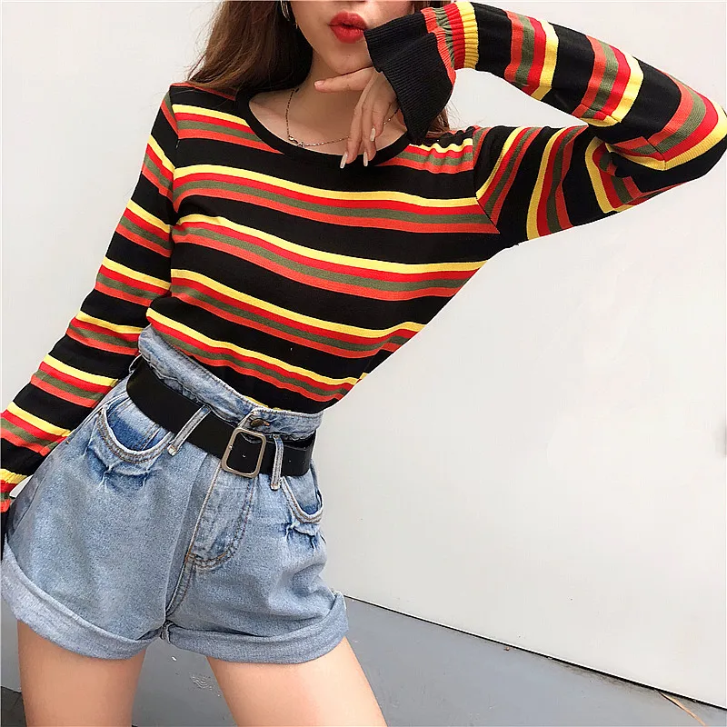 Autumn Outfit New Fashion Pullovers Contrast Color Rainbow Striped Multicolored Knit Sweater Women Flare Sleeve Pull Femme | Женская