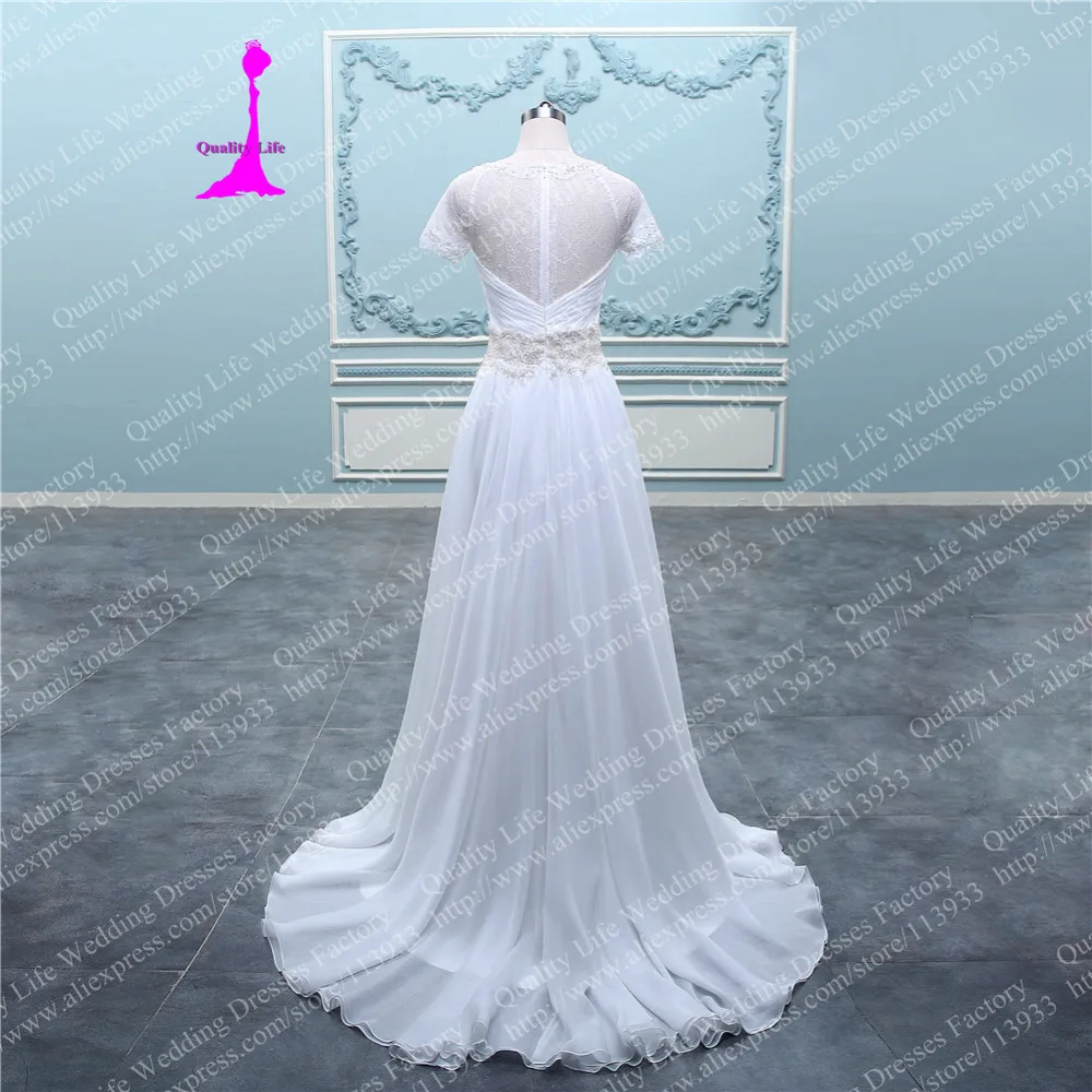 2017 Real Photo Шифон Пляж Кружева С Рукавами Из Бисера Пояс Ruched trouwjurk Vintage robe de mariage