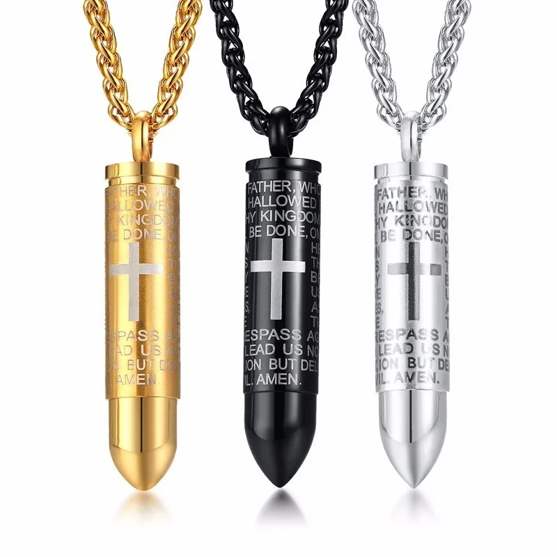 Мужское ожерелье из нержавеющей стали с пулей и черным пистолетом 24