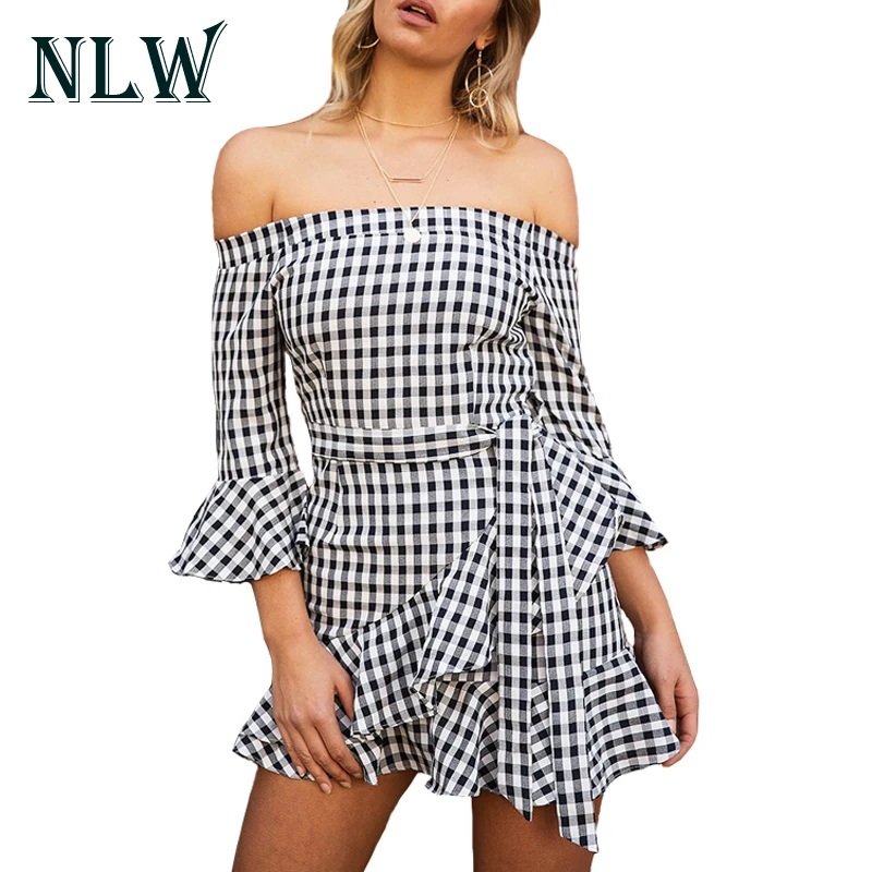 NLW модное женское платье с расклешенными рукавами открытыми плечами в клетку