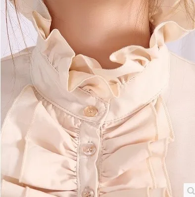 Модная женская рубашка с длинным рукавом высоким горлом и рюшами. |