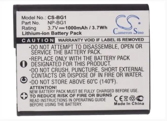 Аккумулятор Cameron Sino на 1000 мАч для SONY Cyber-shot DSC-W170/N W35 W50S W70S W80S WX10N T25 WX1S W100B NP-BG1 NP-FG1 и других.