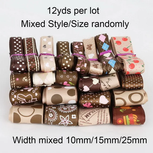 Random Mixed Brown 12 лет/партия(1 год/стиль) разные размеры/стиль, атласная лента для свадьбы, рождественской вечеринки, Декор, сделай сам, Подарочные материалы для рукоделия - Цвет: Random Mixed Brown