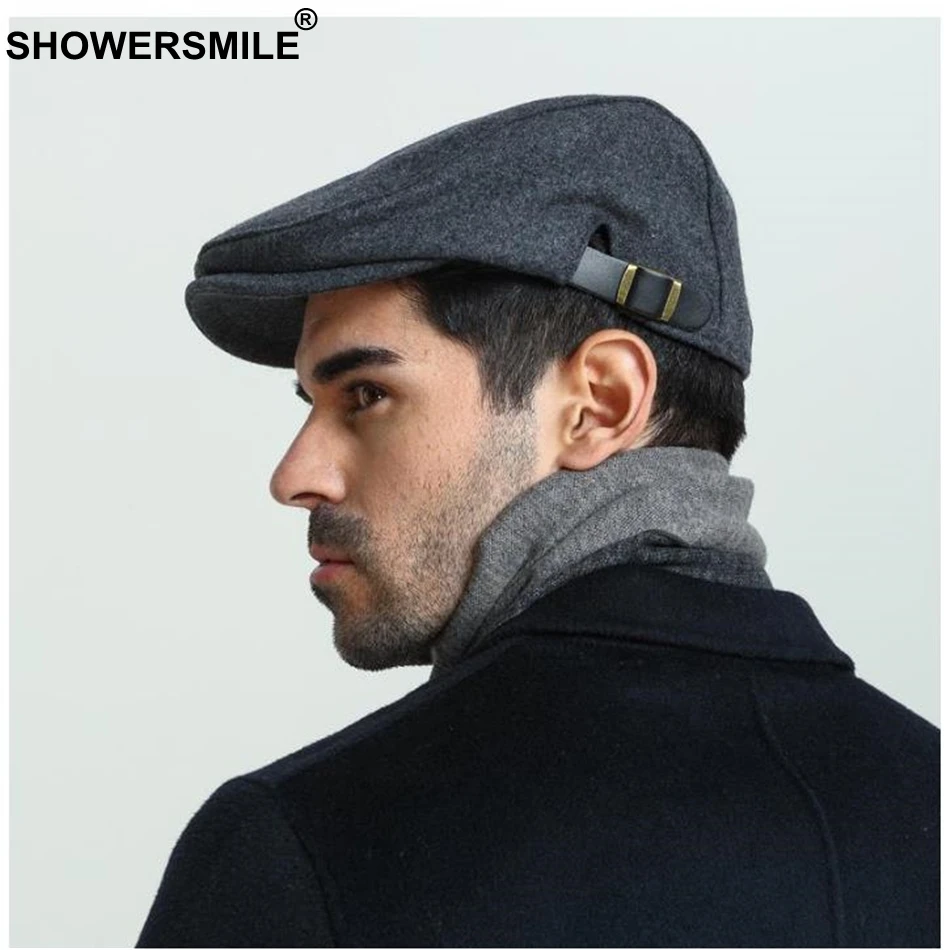 SHOWERSMILE мужские Береты Шерстяные британские винтажные плоские шапки Гэтсби мужские однотонные Серые Черные весенние осенние зимние регулируемые шлемы для водителя