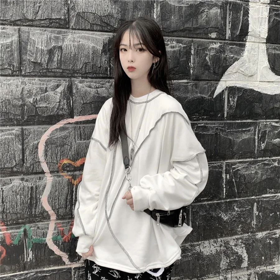 Корейский Ulzzang Твердые негабаритных толстовки для женщин Harajuku Kpop одежда Японская уличная одежда с длинным рукавом друзья Толстовка черный