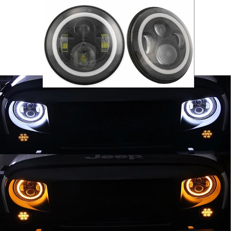 

2PCS 7" Inch Round Halo LED Headlight for Jeep Wrangler Unlimited JK H4 Halo Angle Eyes Headlamp for UAZ Hunter Offroad Light