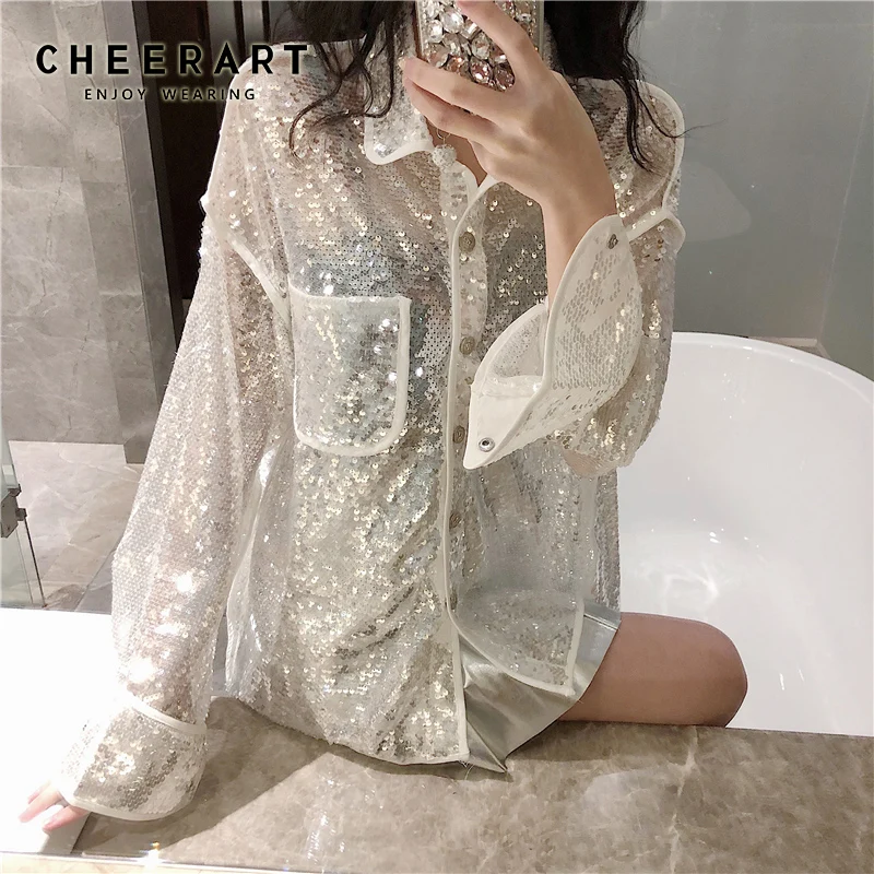 Женская блузка с блестками Cheerart свободная длинным рукавом белый и черный