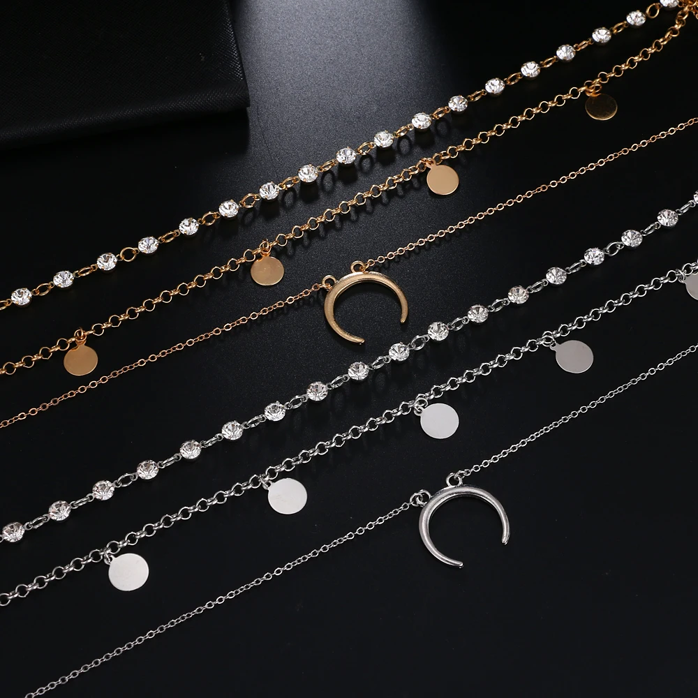 FAMSHIN Multilayer Crystal Moon Pendant Necklaces For Women Vintage Charm Choker Necklace Statement Party Jewelry Accessories | Украшения и