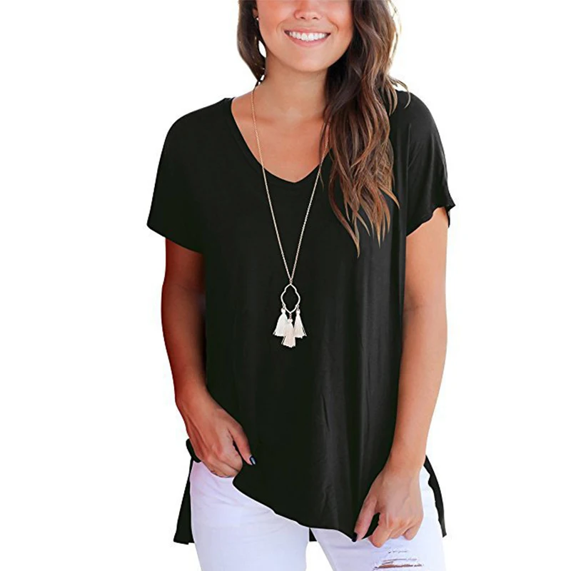 Women's T-shirt round neck solid color cotton fashion street casual large size loose short-sleeved split polyester woman | Женская