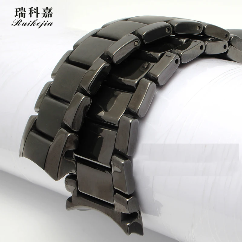 Black Shine Ceramic Strap for AR1451 Ceramic Watch with Men's 24MM Scrub Wristband Butterfly Buckle Waterproof Sports Watch Chai