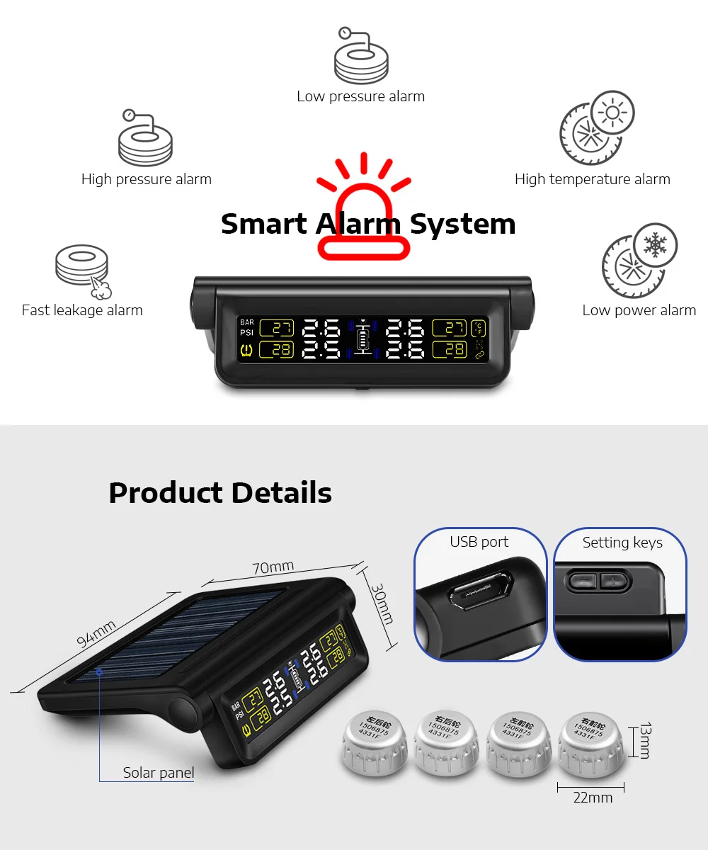 Солнечный автомобиль TPMS беспроводной шины давление мониторинга системы 4