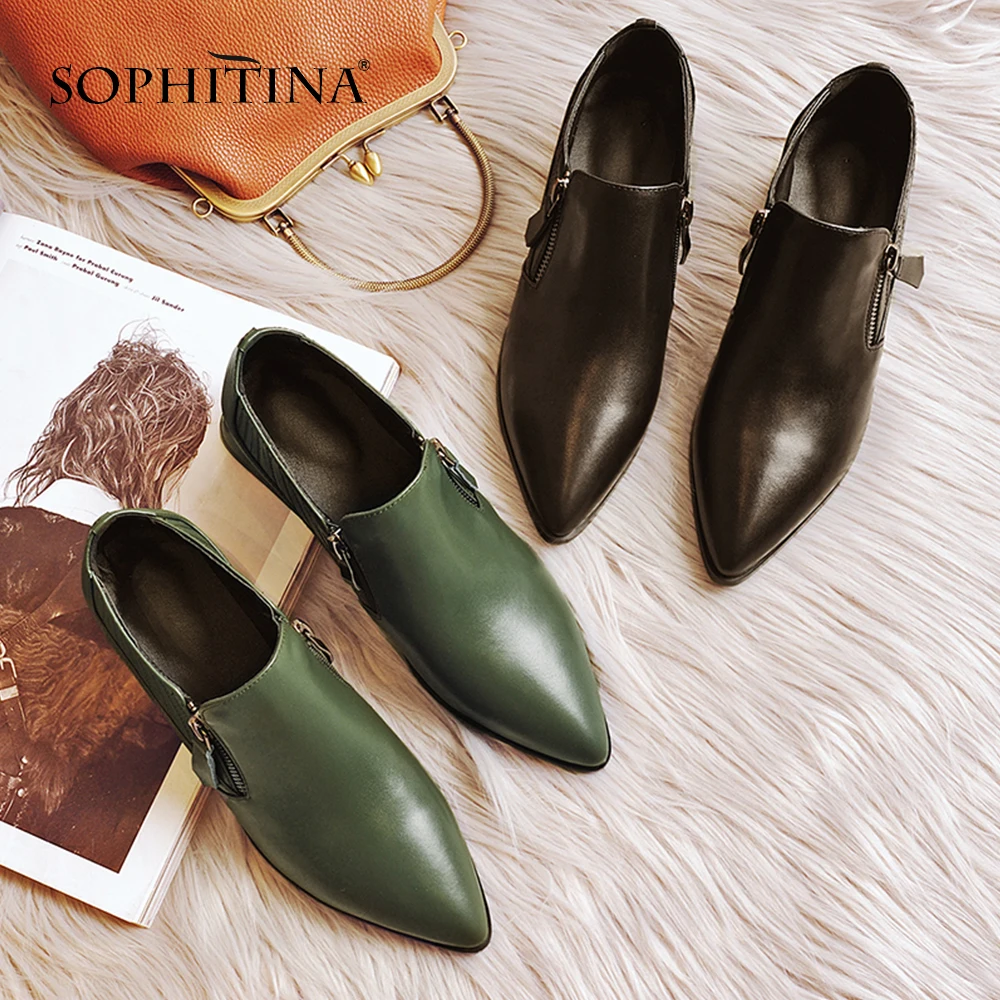 SOPHITINA/; женские классические туфли-лодочки; Повседневная обувь из коровьей кожи на среднем квадратном каблуке с острым носком на молнии; удобные туфли-лодочки для отдыха; MO34
